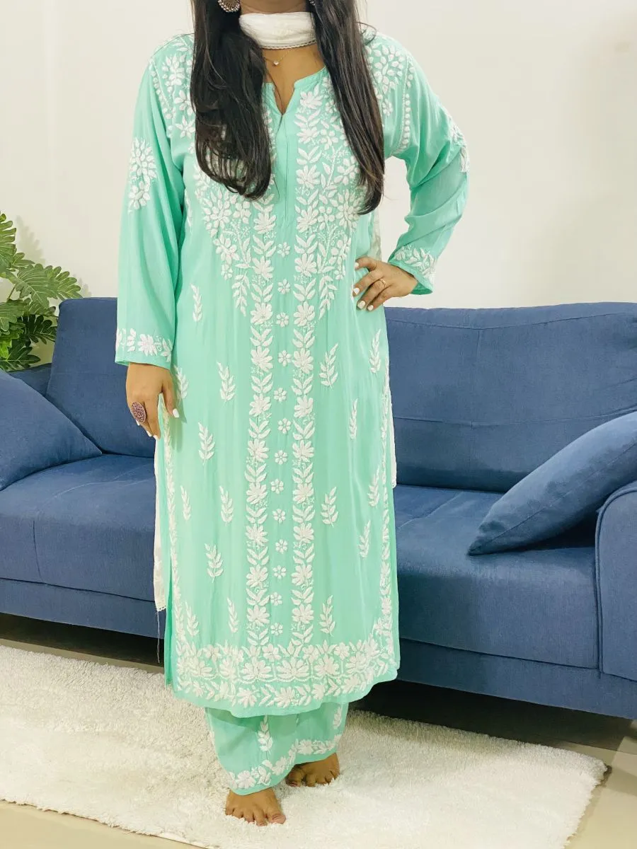 Rayon Chikankari Hand Embroidered Women's Solid Kurta Palazzo Set