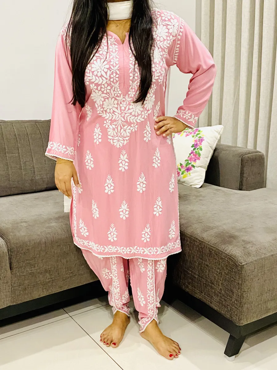 Premium Rayon Chikankari Hand Embroidered Solid Women's Kurta-Dhoti Set