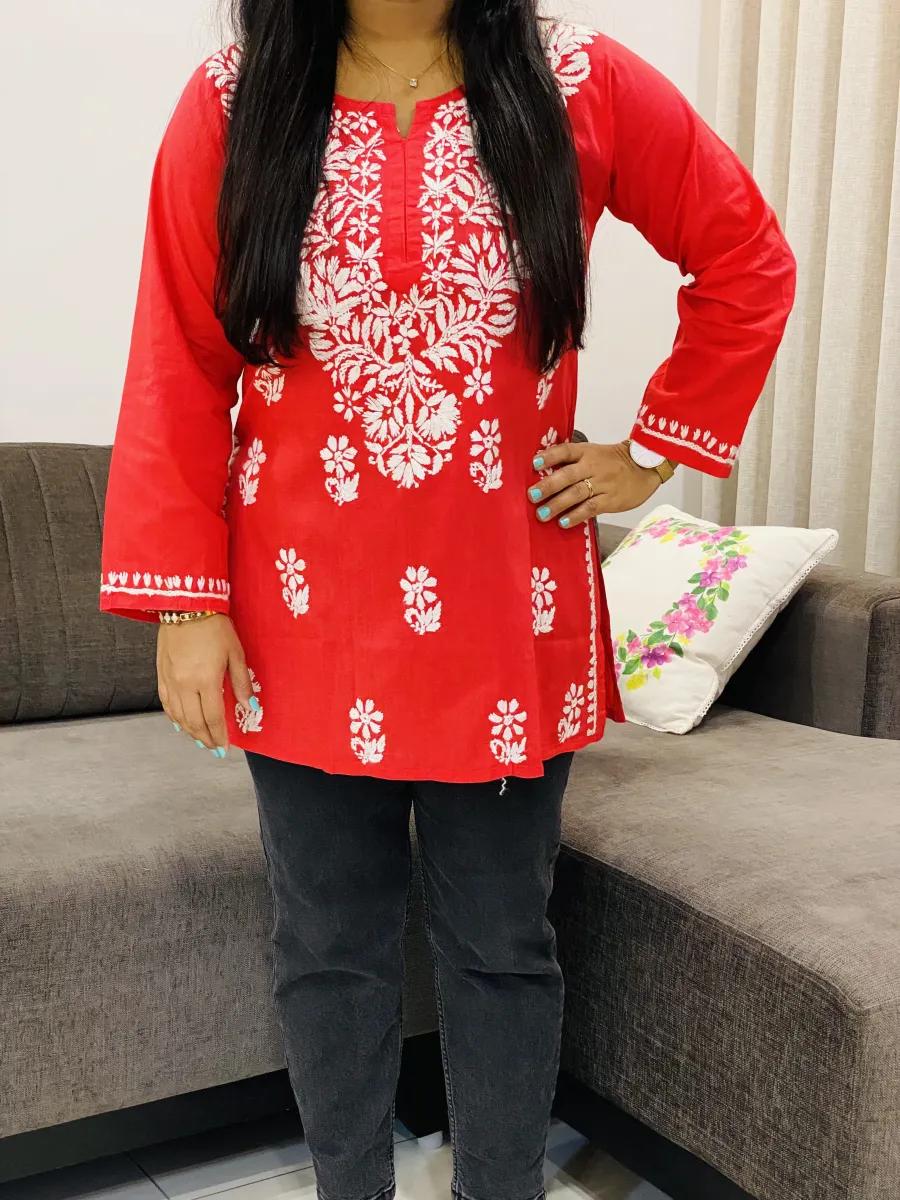 Cotton Chikankari Hand embroidered Women's Short Kurta