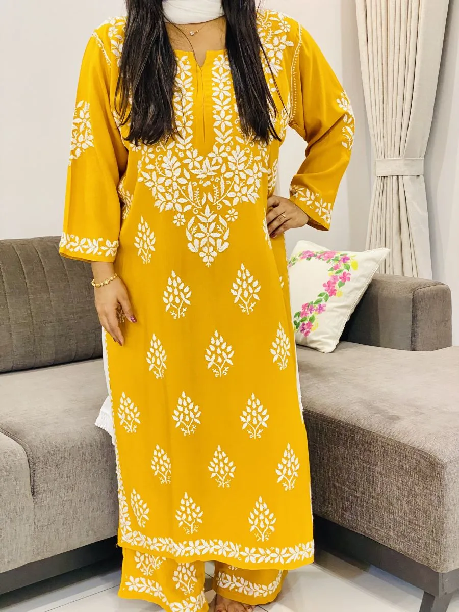 Rayon Chikankari Hand Embroidered Solid Women's Long Kurta Palazzo Set