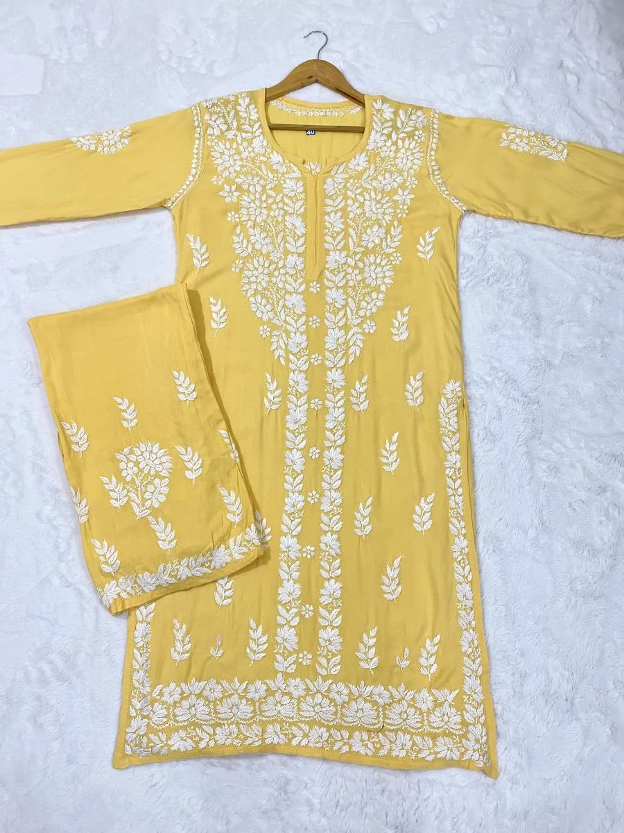 Rayon Chikankari Hand Embroidered Women's Solid Kurta Palazzo Set