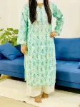 Cotton Chikankari Hand Embroidered Women's Long Kurta  - Mint Blue