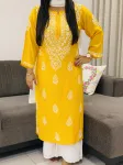 Yellow Niya Premium Modal Chikankari Hand Embroidered Solid Women's Long Kurta