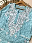 Cotton Chikankari Hand Embroidered Women's Floral Long Kurta  - Sky