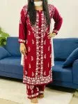 Maroon Anaisha Rayon Chikankari Hand Embroidered Women's Solid Kurta Palazzo Set