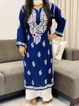 Navy Blue Falak 3D Chikankari Hand Embroidery Design Rayon Womens Kurta