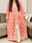 Rayon Chikankari Handwork Solid Women's Angrakha Kurta  - Peach