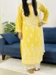 Yellow Daman Jaal Premium Modal Cotton Chiknakari Hand Embroidered Women's Solid Long Kurta