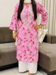 Mulmul Chikankari Hand Embroidered Floral Women's Long Kurta  - Pink