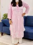 Baby Pink Rosa Modal Chikankari Solid Women's Long Kurta