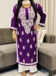 Purple Falak 3D Chikankari Hand Embroidery Design Rayon Womens Kurta