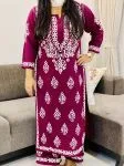 Wine Ritika Rayon Chikankari Hand Embroidered Solid Women's Long Kurta Palazzo Set