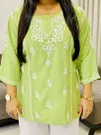 Rayon Chikankari Hand Embroidered Solid Women's Short Top  - Pista