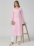 Cotton Chikankari Hand Embroidered Women's Floral Long Kurta  - Baby Pink