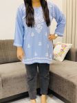 Powder Blue Anisha Rayon Chikankari Handwork Women's Solid Short Kurta