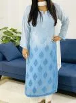 Powder Blue 3D Muslin Silk Chikankari Handwork Ombre Women's Long Kurti