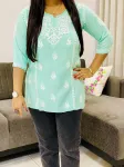 Aqua Isha Rayon Chikankari Hand Embroidered Solid Women's Short Top