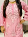 Premium Chanderi Chikankari Hand Embroidered Women's Solid Long Kurta  - Pink
