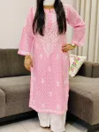 Cotton Chikankari Hand Embroidered Women's Floral Long Kurta  - Baby Pink