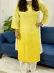 Chanderi Silk Chikankari Hand Embroidered Women's Solid Long Kurta  - Yellow
