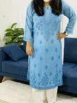 English Blue Murraya Chanderi Silk Chikankari Hand Embroidered Women's Solid Long Kurta
