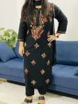 Black Keri Cotton Chikankari Handwork Women's Solid Long Kurti