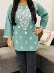 Army Green Ekra Cotton Chikankari Hand Embroidered Solid Women's Short Kurta