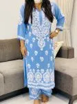 Powder Blue Opium Premium Modal Chikankari Hand Embroidered Women's Solid Long Kurta Palazzo Set