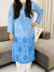 Chanderi Silk Chikankari Hand Embroidered Women's Solid Long Kurta  - Powder Blue