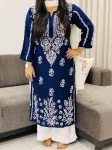 Premium Modal Chikankari Hand Embroidered Women's Solid Long Kurta  - Navy Blue
