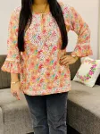 Fancy Sleeve Chikankari Hand Embroidered Women's Floral Short Kurta  - Peach