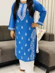 Cotton Chikankari Women's Solid Long Kurta  - Powder Blue