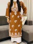 Brown Bahar Premium Modal Chikankari Hand Embroidered Women's Long Solid Kurta