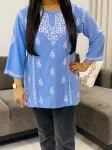 Powder Blue Isha Rayon Chikankari Hand Embroidered Solid Women's Short Top