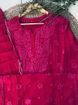 Viscose Chikankari Hand Embroidered Kurta and Dupatta  - Rani
