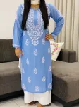 Premium Modal Chikankari Hand Embroidered Solid Women's Long Kurta  - Powder Blue