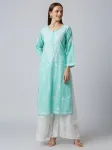 Aqua Aadita Cotton Chikankari Hand Embroidered Women's Floral Long Kurta