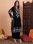 Rayon Chikankari Hand Embroidered Women's Long Kurta  - Black