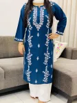 Teal Blue Ahana Cotton Chikankari Women's Solid Long Kurta
