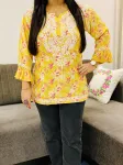 Yellow Bell Fancy Sleeve Chikankari Hand Embroidered Women's Floral Short Kurta