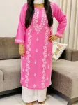 Pink Ahana Cotton Chikankari Women's Solid Long Kurta