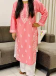 Cotton Chikankari Women's Solid Long Kurta  - Peach