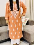 Peach Evana Rayon Chikankari Handwork Women's Solid Long Straight Kurta