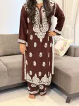 Brown Sangriya Rayon Chikankari Handwork women kurta palazzo set