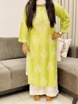 Pista Rida Premium Chanderi Chikankari Hand Embroidered Women's Solid Long Kurta