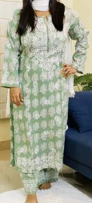 Pista Green Cotton Chikankari Women's Kurta Plazzo Set  - Pista Green