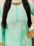Premium Chanderi Chikankari Hand Embroidered Women's Solid Long Kurta  - Aqua