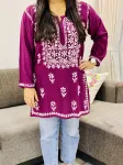 Rayon Chikankari Handwork Solid Women's Short Kurta  - Wine