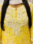 Mulmul Chikankari Hand Embroidered Floral Women's co-ord set  - Yellow
