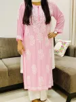 Modal Chikankari Hand Embroidered Women's Long Kurta  - Baby Pink